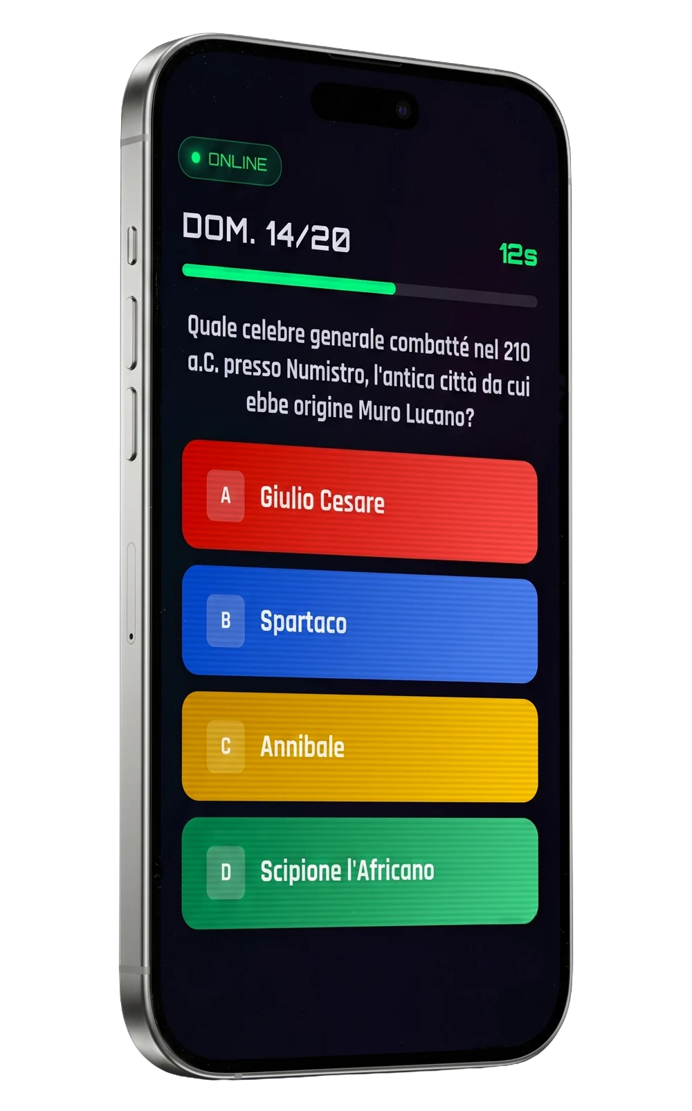 TommyBrain - schermata di gioco su smartphone con domanda quiz